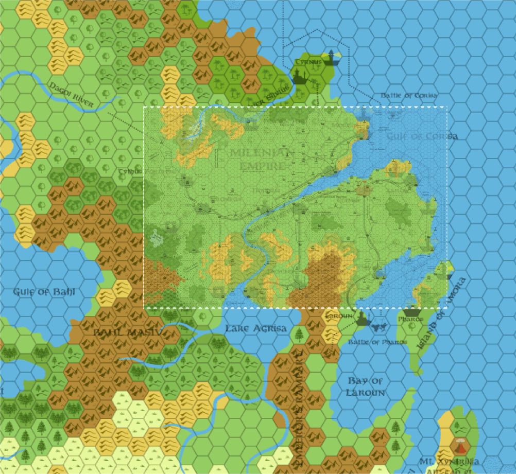 Milenian Empire 8 mile per hex map overlaid on 40 mile per hex, Jul 2005