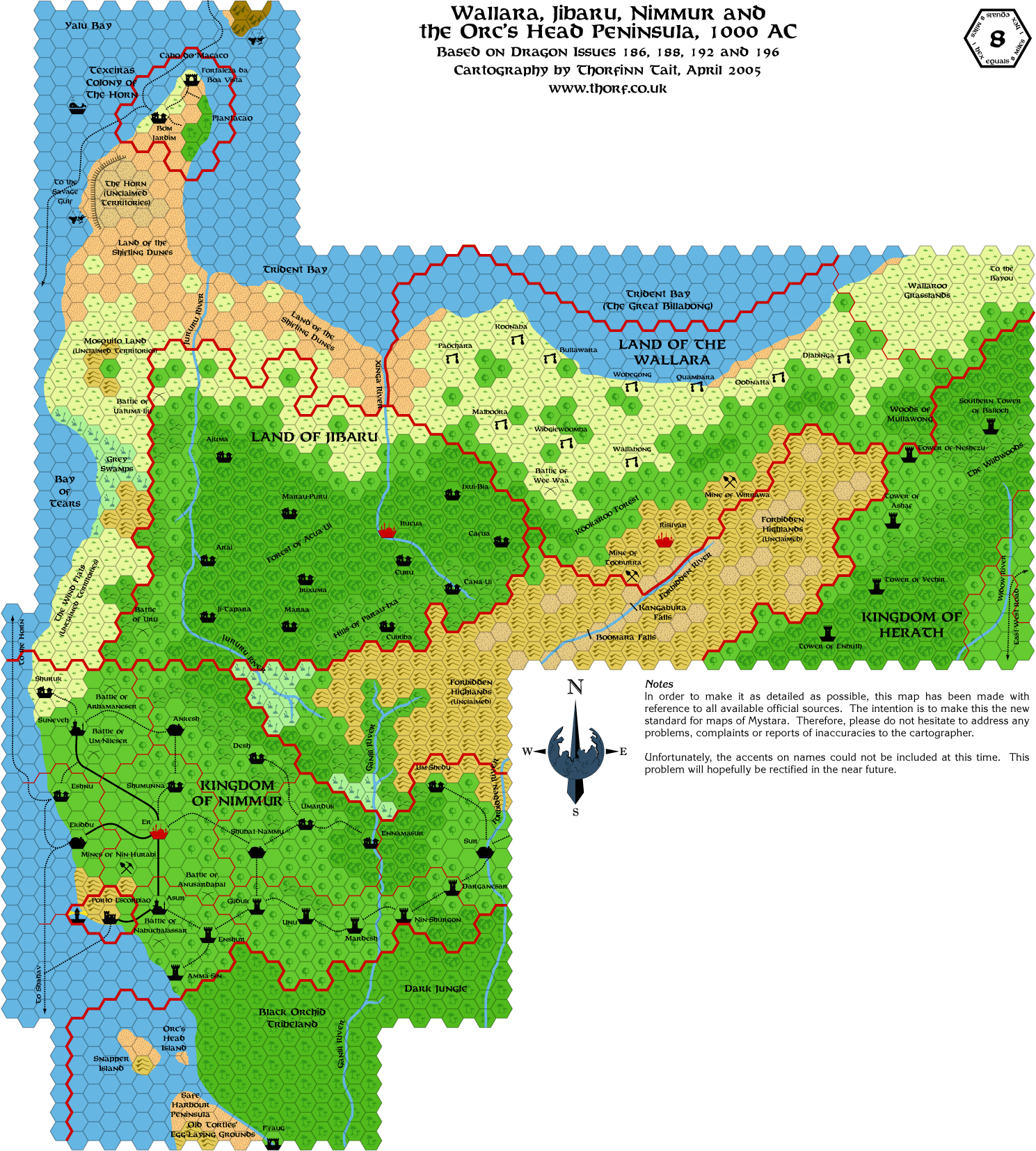 Wallara, Jibaru, Nimmur and the Orc's Head Peninsula, 8 miles per hex, Jun 2005