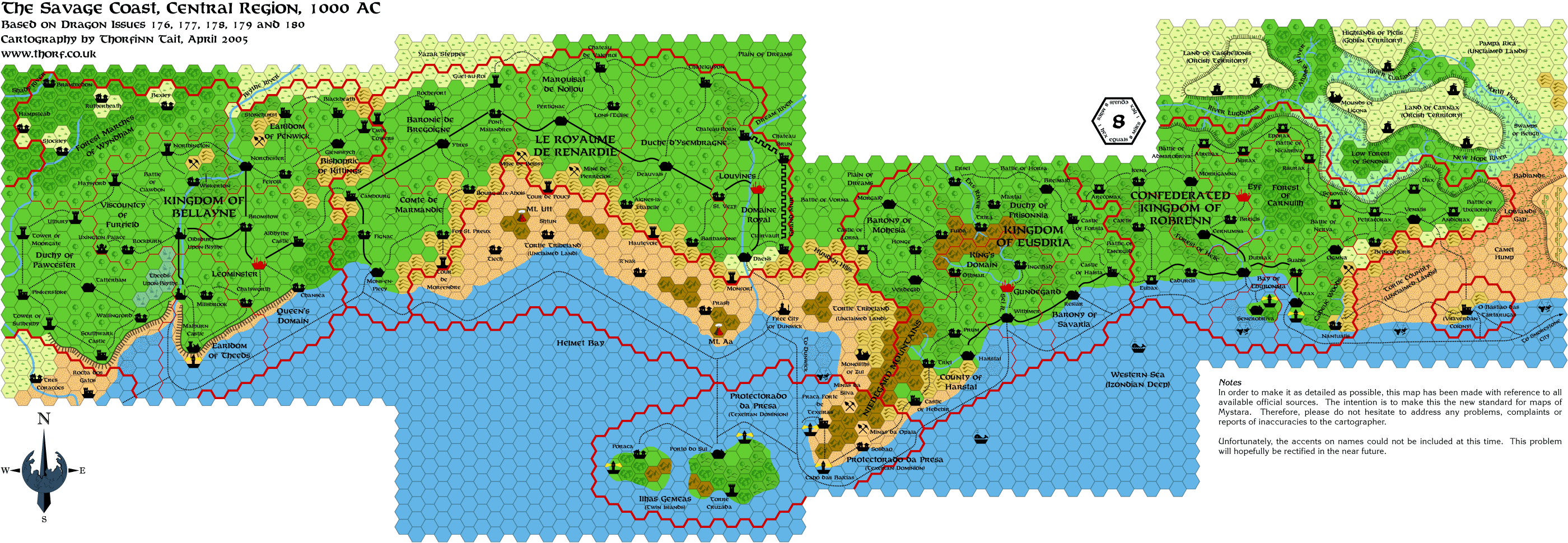 Savage Coast Central Region, 8 miles per hex, Jun 2005