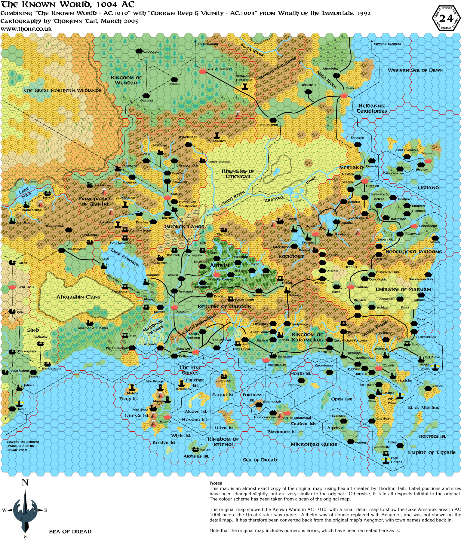 Wrath of the Immortals Known World 1004 AC, 24 miles per hex, Apr 2005 (Original Palette version)