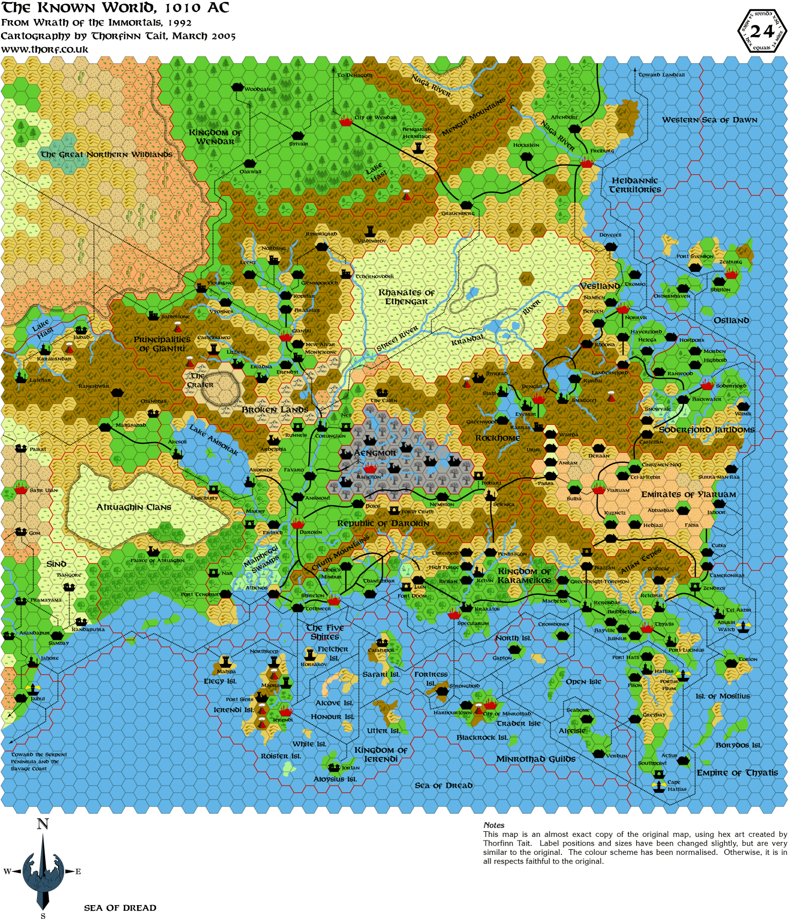 Wrath of the Immortals Known World 1010 AC, 24 miles per hex, Mar 2005