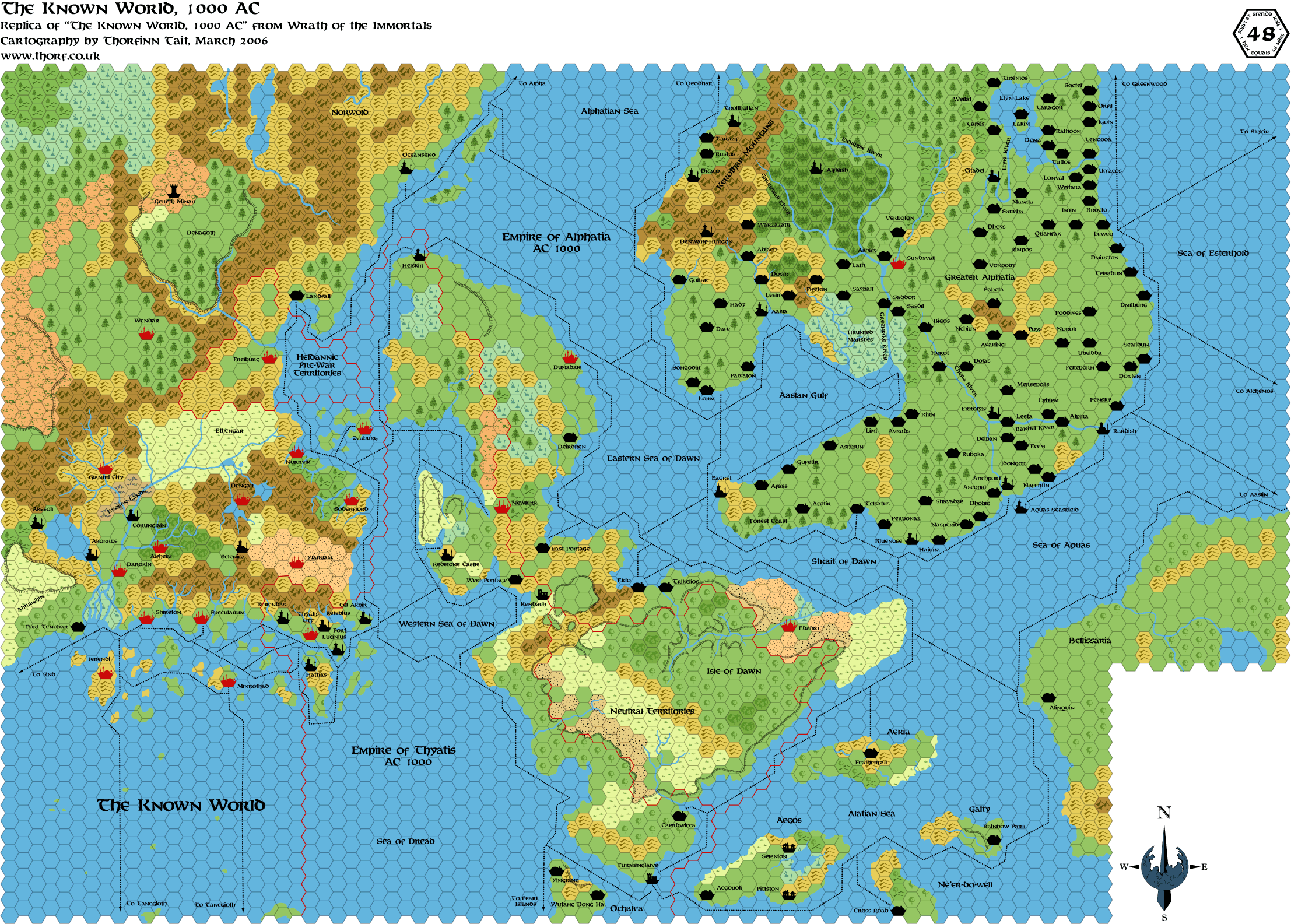 Wrath of the Immortals Known World, 48 miles per hex, Mar 2006