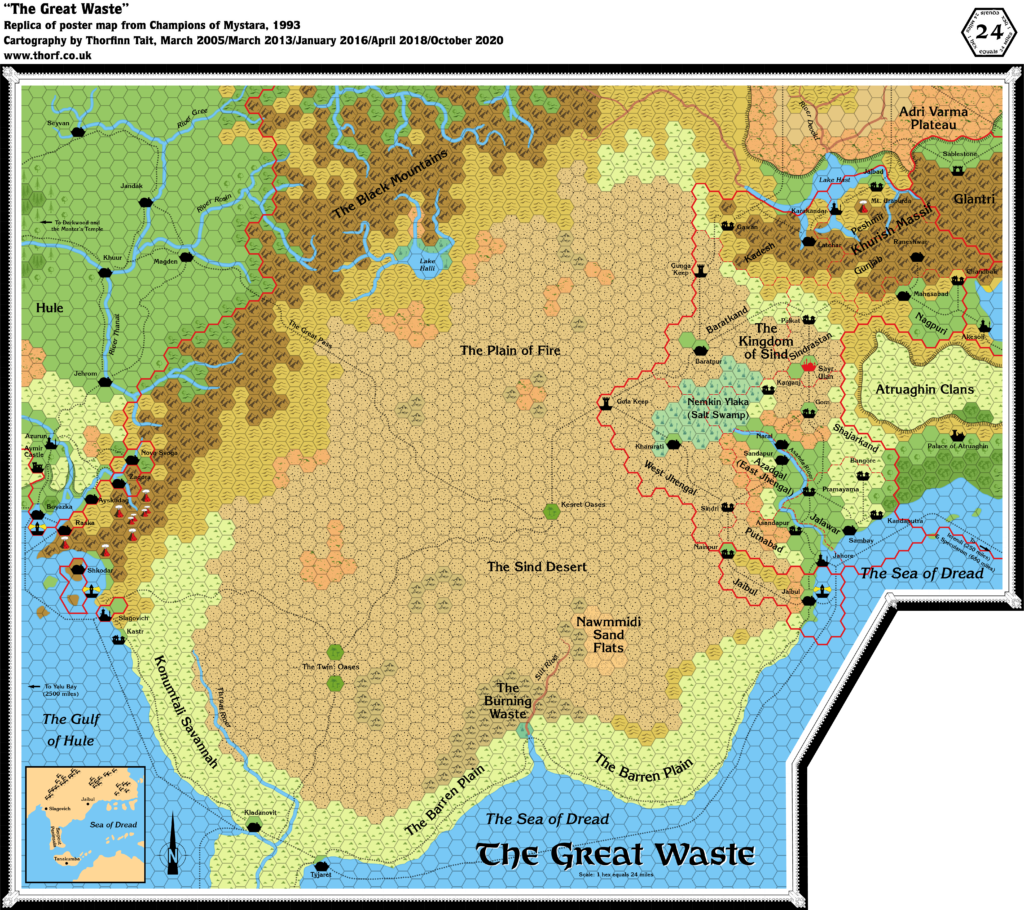Replica of Champions of Mystara poster map of the Great Waste, 24 miles per hex