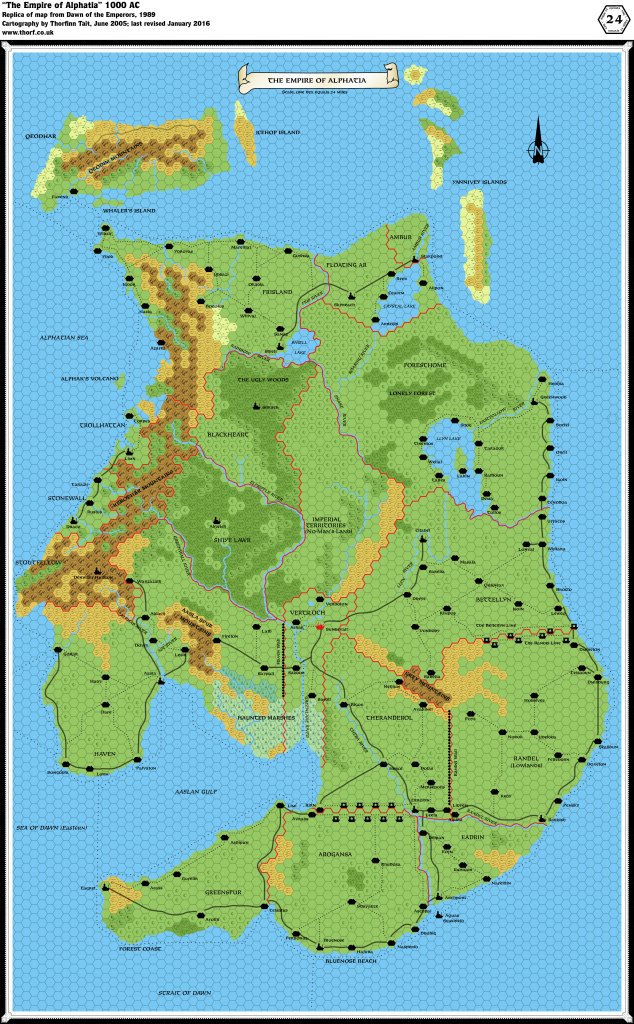 Dawn of the Emperors poster map of Alphatia, 24 miles per hex