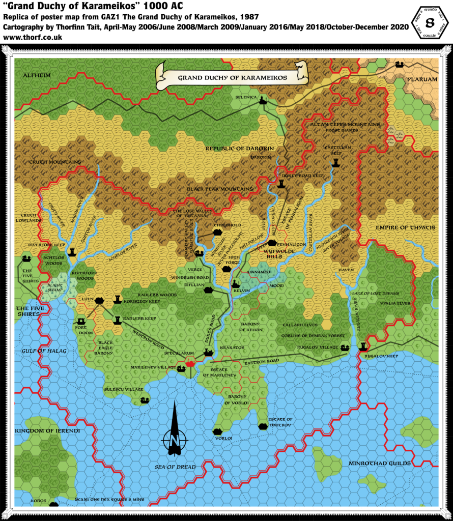 Replica of GAZ1 poster map of Karameikos, 8 miles per hex