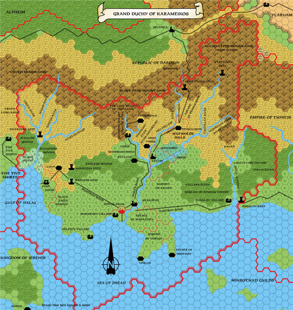 Replica of GAZ1 poster map of Karameikos, 8 miles per hex