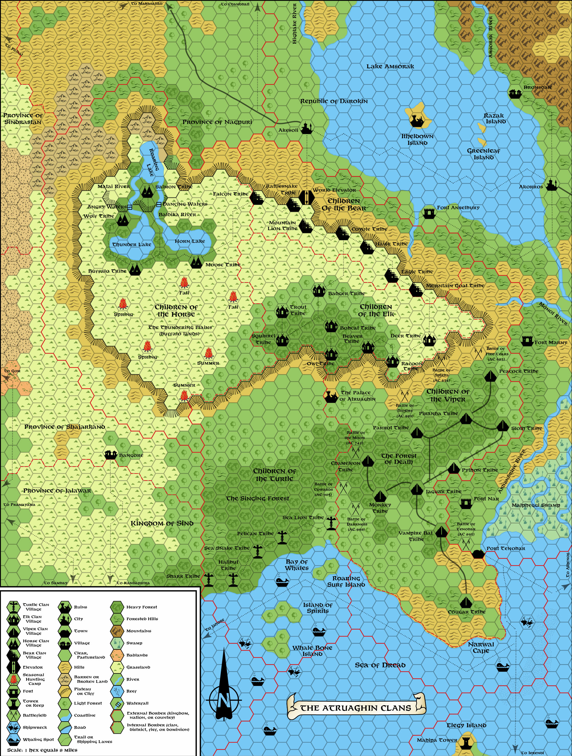 Replica of GAZ14 poster map of Atruaghin, 8 miles per hex