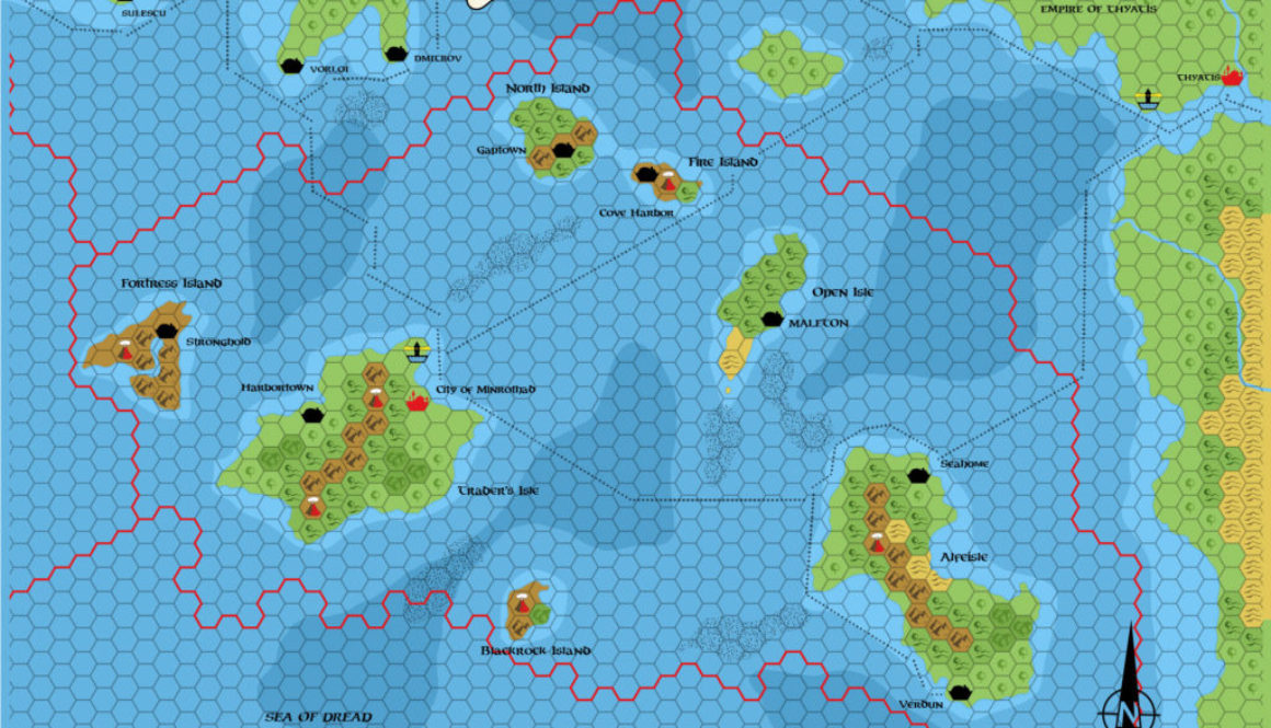 Replica of GAZ9 poster map of Minrothad, 8 miles per hex