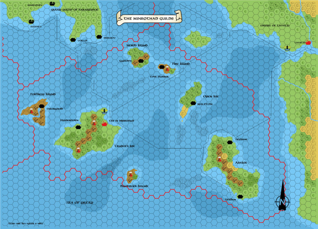 Replica of GAZ9 poster map of Minrothad, 8 miles per hex