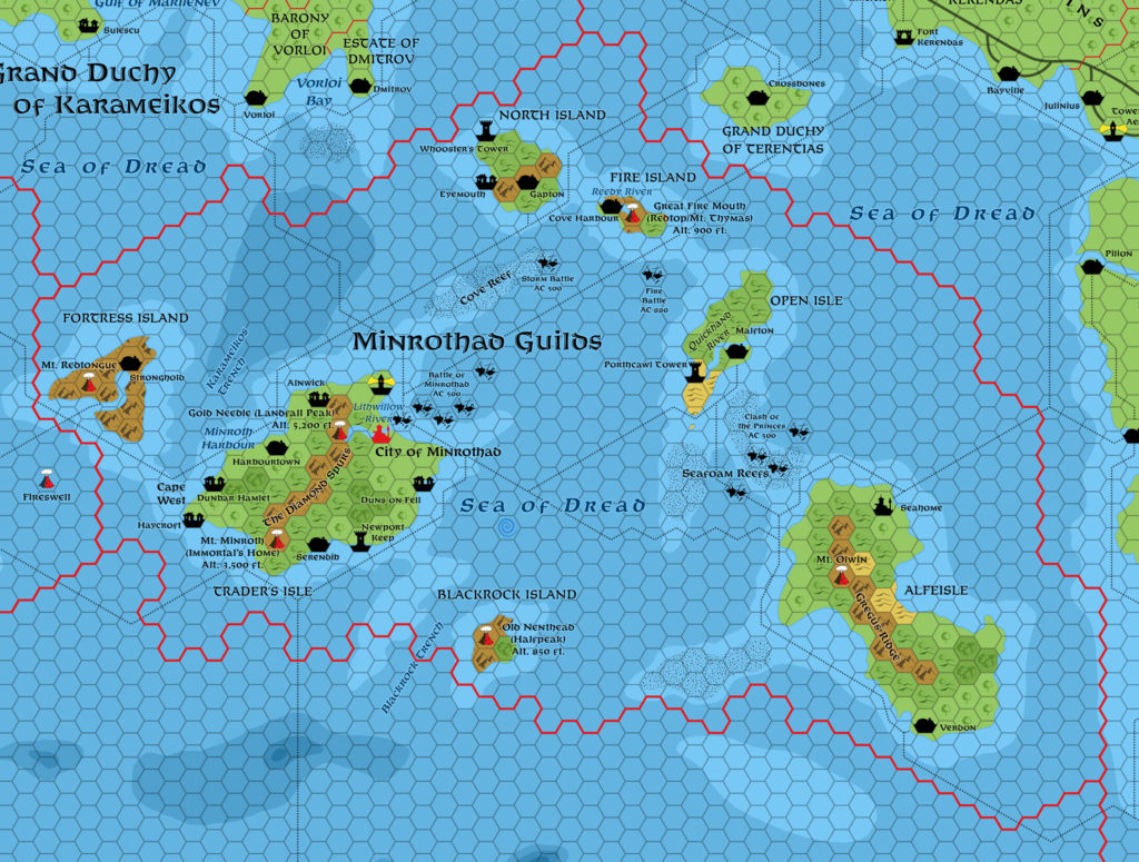 Minrothad Guilds, 8 miles per hex