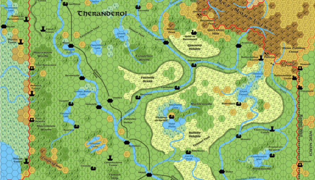 Updated map of the Alphatian Kingdom of Theranderol, 8 miles per hex
