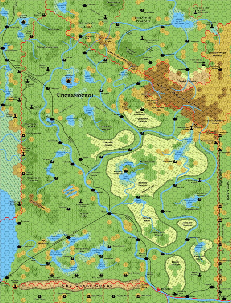 Updated map of the Alphatian Kingdom of Theranderol, 8 miles per hex