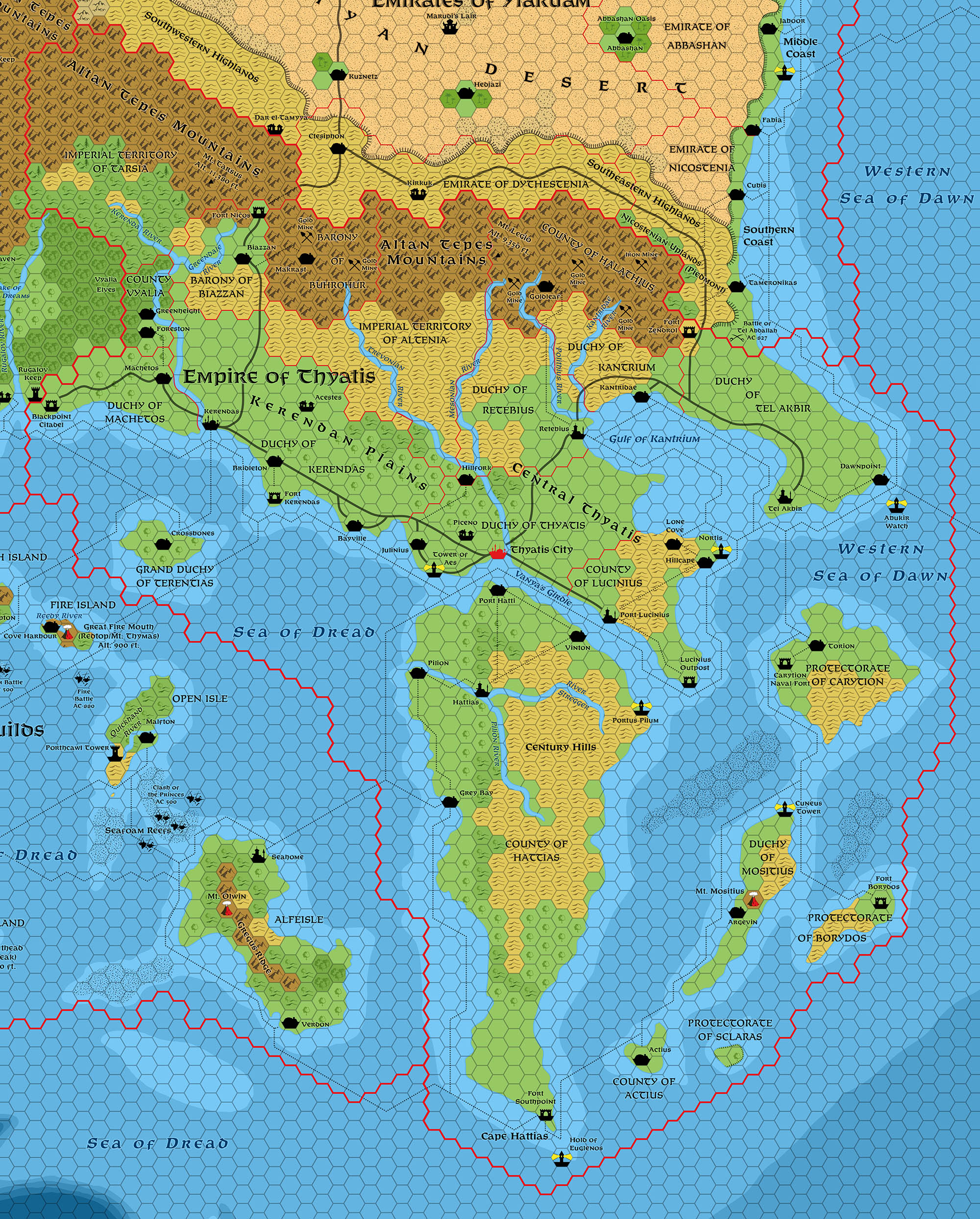 Updated map of the Empire of Thyatis (Mainland), 8 miles per hex