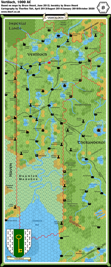 Updated map of the Alphatian Kingdom of Vertiloch, 8 miles per hex
