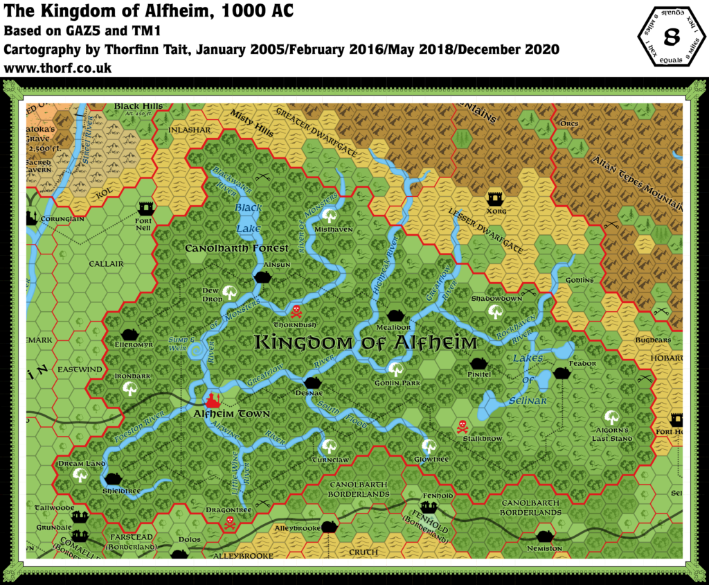 Updated map of Alfheim, 8 miles per hex