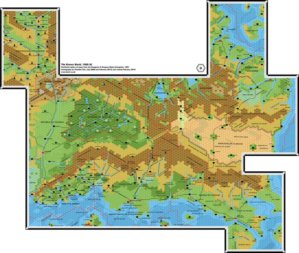 Combined replica of Known World maps from the Rules Cyclopedia, 8 miles per hex