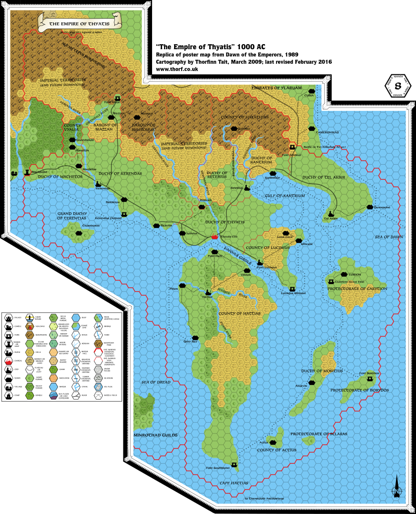 Replica of Dawn of the Emperors' poster map of Thyatis, 8 miles per hex