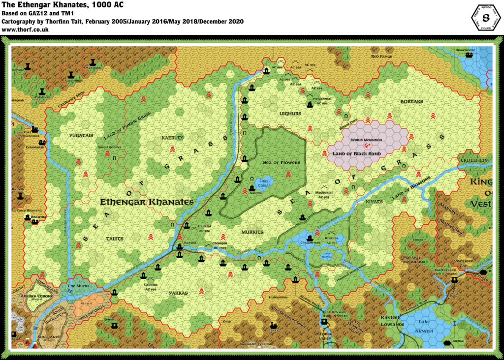 Updated map of Ethengar, 8 miles per hex