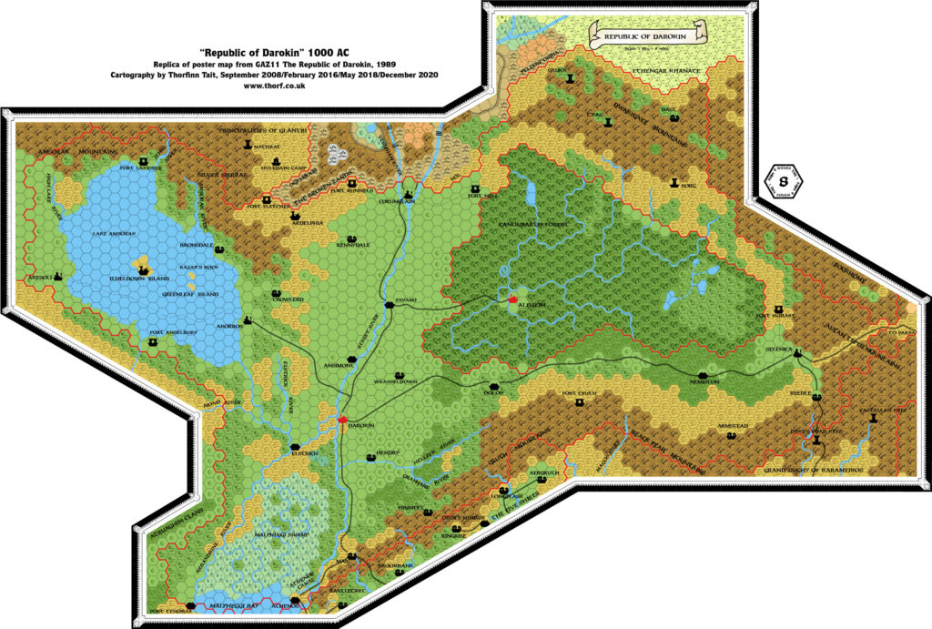 Replica of GAZ11 map of Darokin, 8 miles per hex