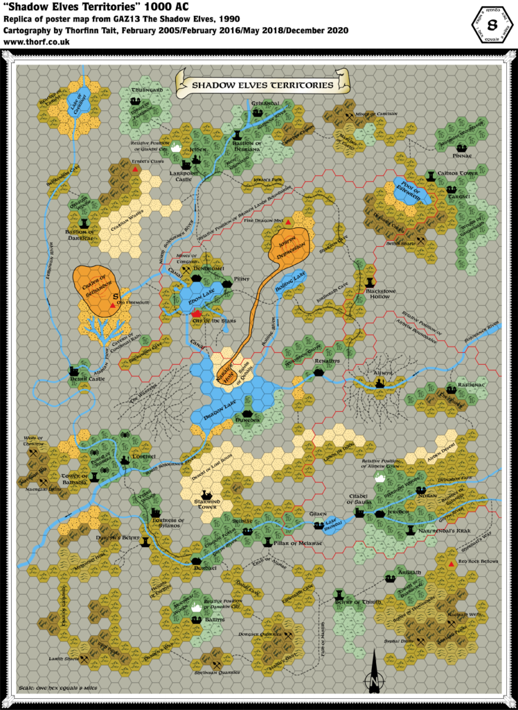 Replica of GAZ13 map of the Shadow Elves Territories, 8 miles per hex