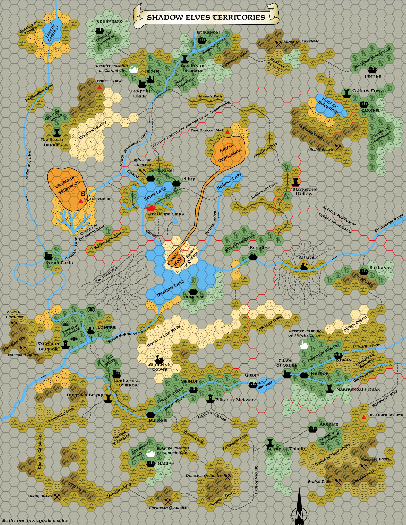 Replica of GAZ13 map of the Shadow Elves Territories, 8 miles per hex