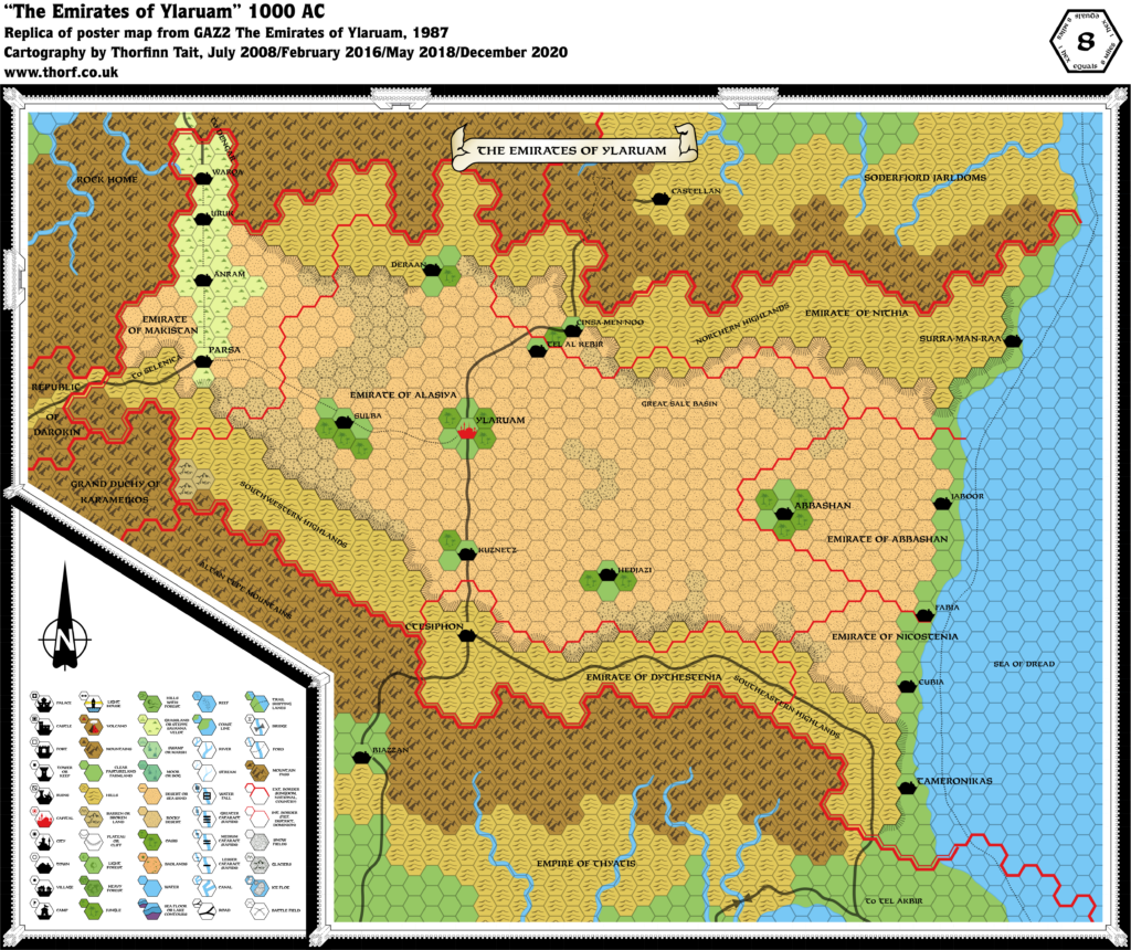 Replica of GAZ2 poster map of Ylaruam, 8 miles per hex