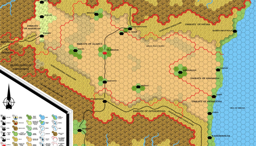 Replica of GAZ2 poster map of Ylaruam, 8 miles per hex