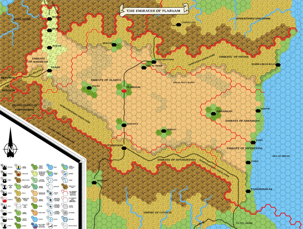 Replica of GAZ2 poster map of Ylaruam, 8 miles per hex