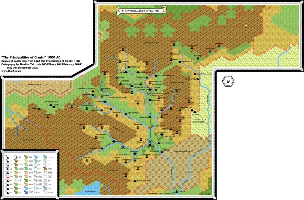 Replica of GAZ3 poster map of Glantri, 8 miles per hex