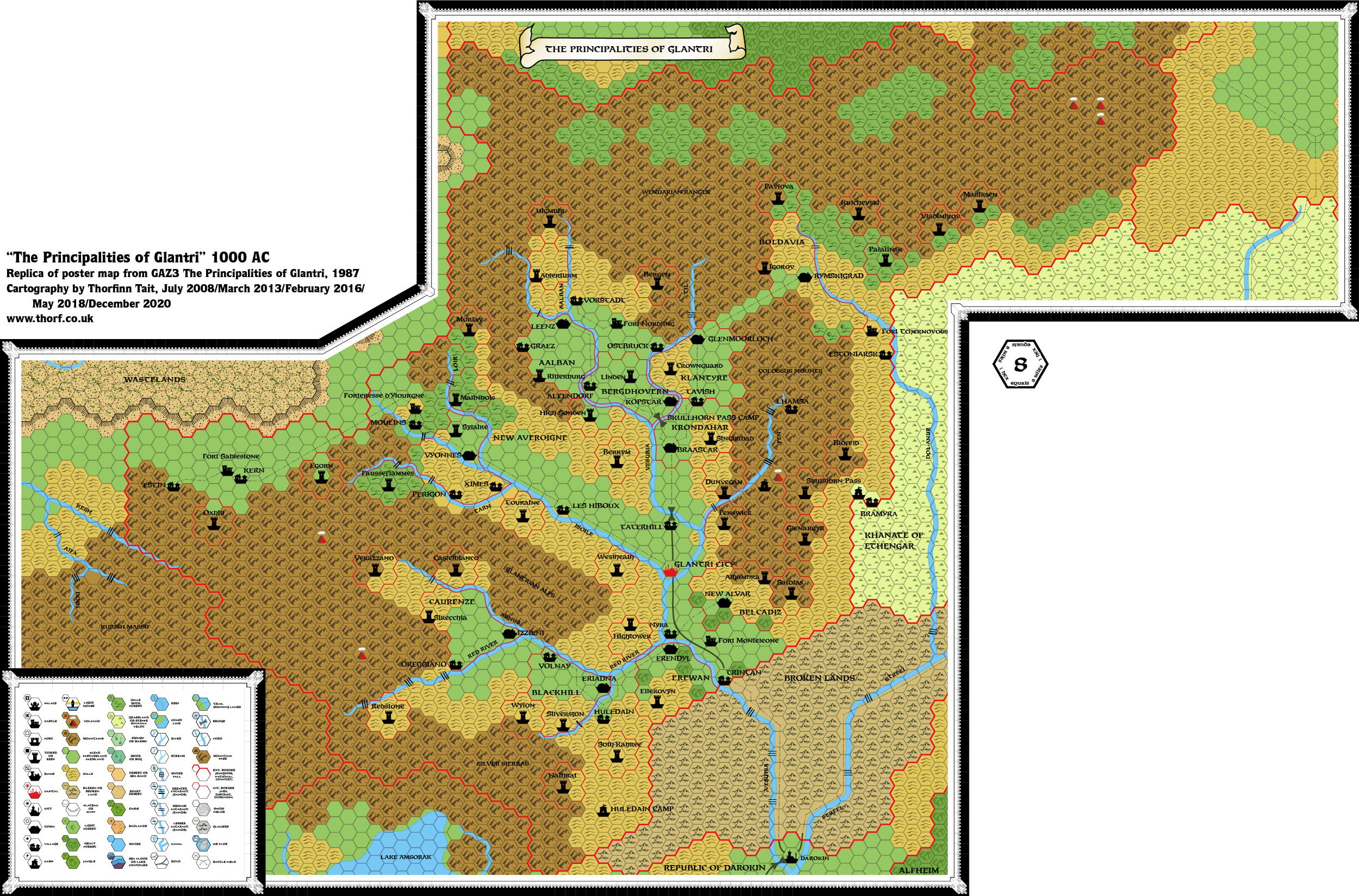 Replica of GAZ3 poster map of Glantri, 8 miles per hex