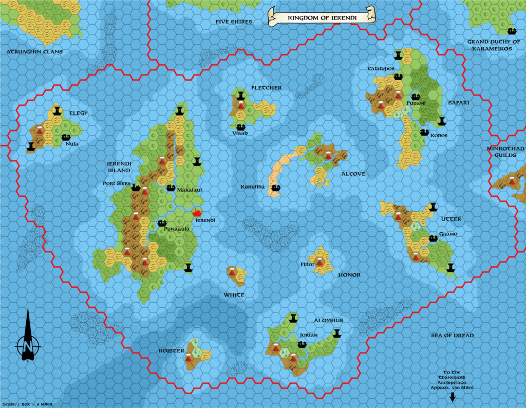 Replica of GAZ4 poster map of Ierendi, 8 miles per hex