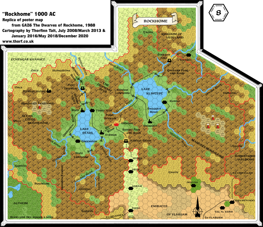 Replica of GAZ6 poster map of Rockhome, 8 miles per hex