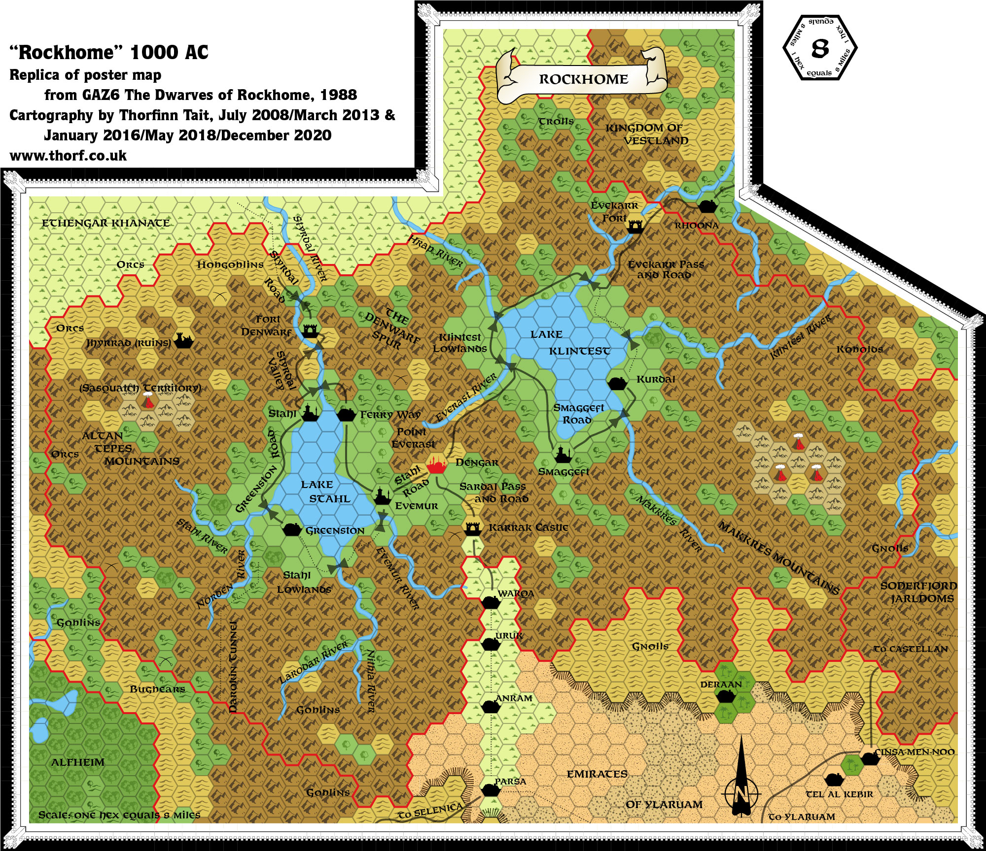 Replica of GAZ6 poster map of Rockhome, 8 miles per hex