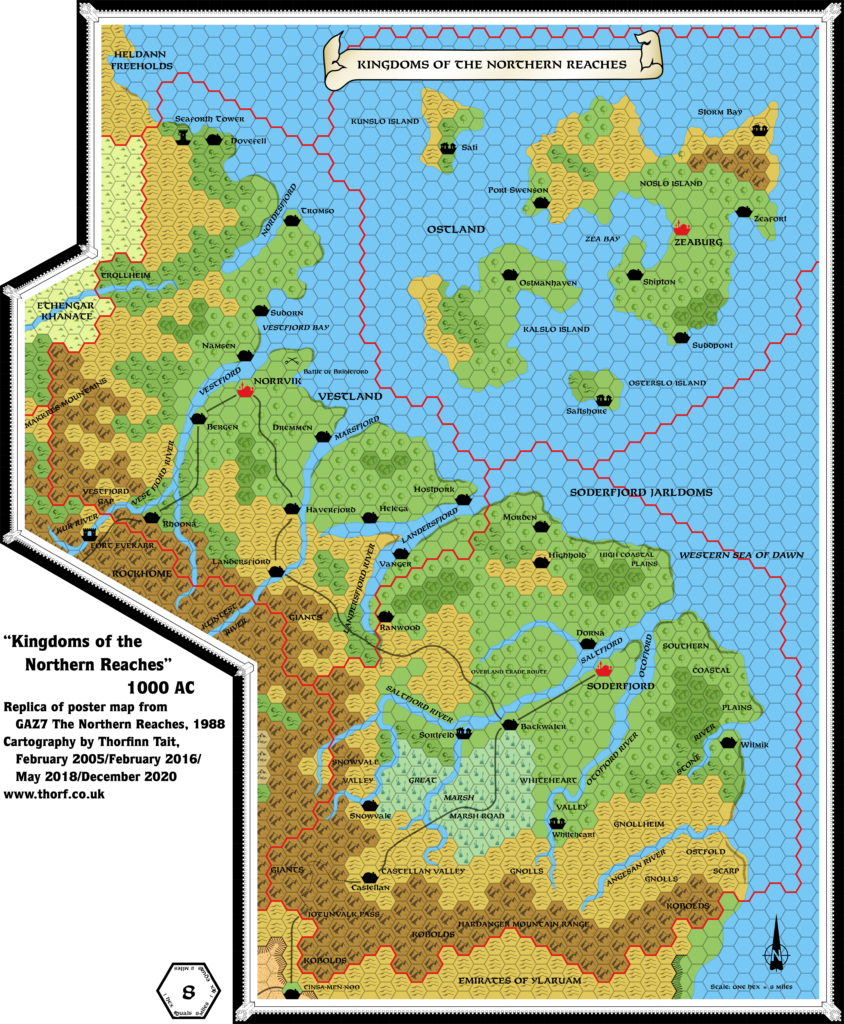 Replica of GAZ7 poster map of Ostland, Vestland and Soderfjord, 8 miles per hex
