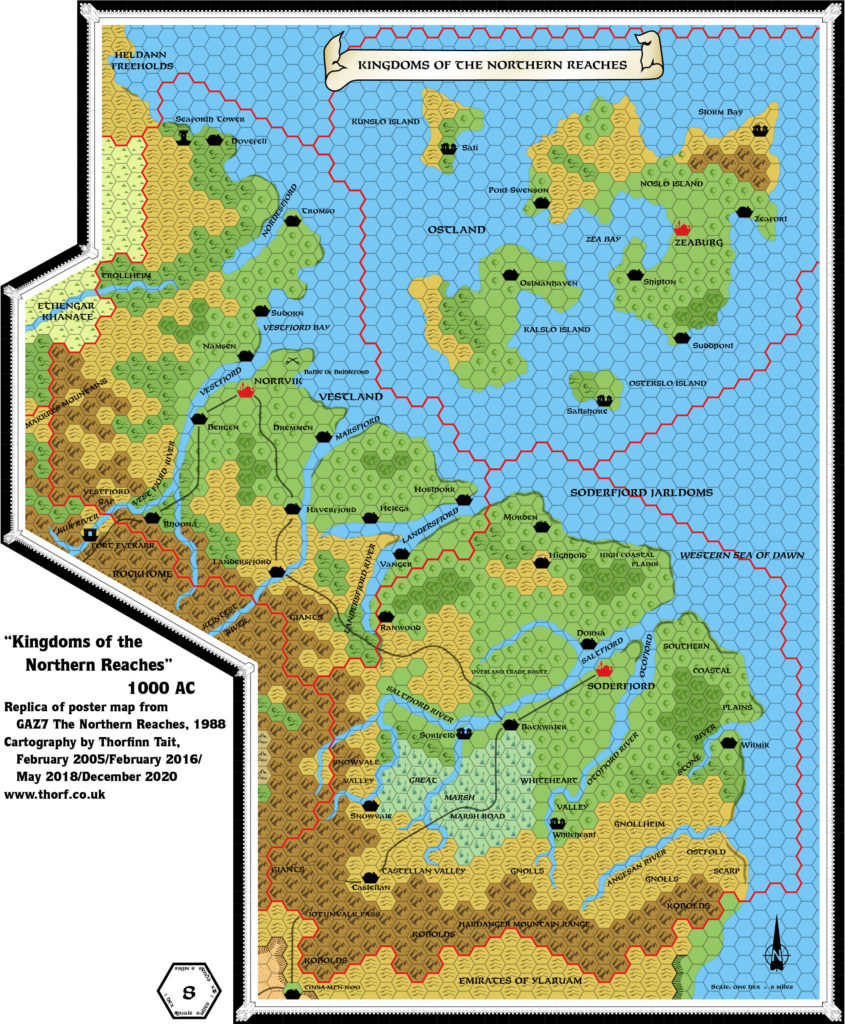 Replica of GAZ7 poster map of the Northern Reaches of Ostland, Vestland and Soderfjord, 8 miles per hex