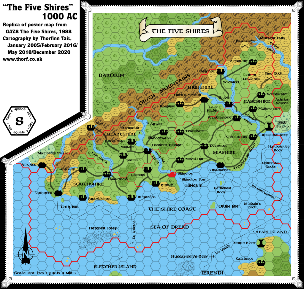 Replica of GAZ8 poster map of the Five Shires, 8 miles per hex