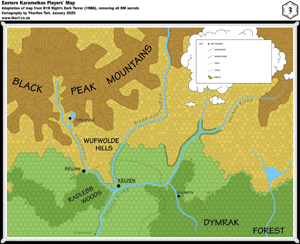 Adapted Players’ Map based on the replica map of B10 Eastern Karameikos, 3 miles per hex