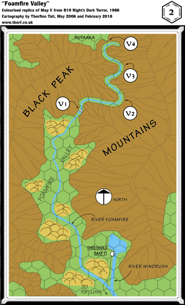 Replica of B10's Foamfire Valley map, 2 miles per hex