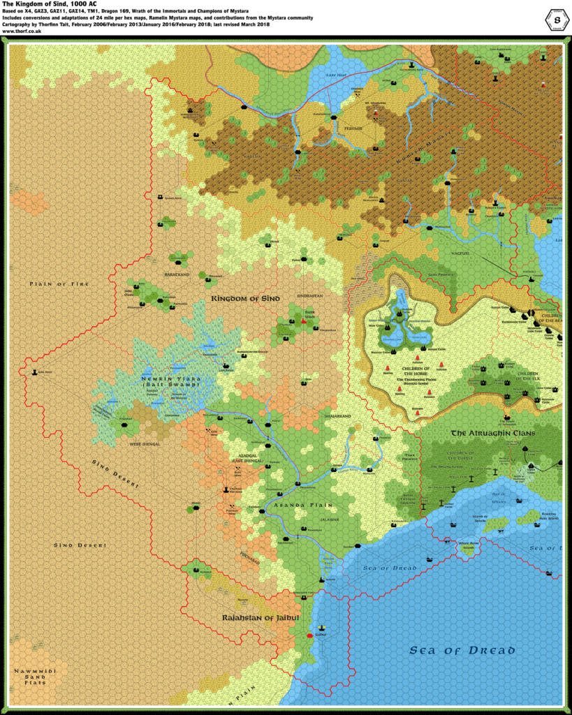 Updated map of the Kingdom of Sind and the Rajahstan of Jaibul, 8 miles per hex