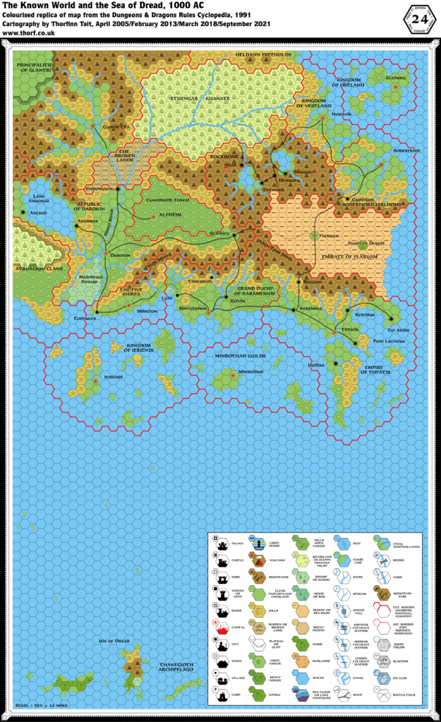 Colourised replica of the Rules Cyclopedia's Known World map, 24 miles per hex