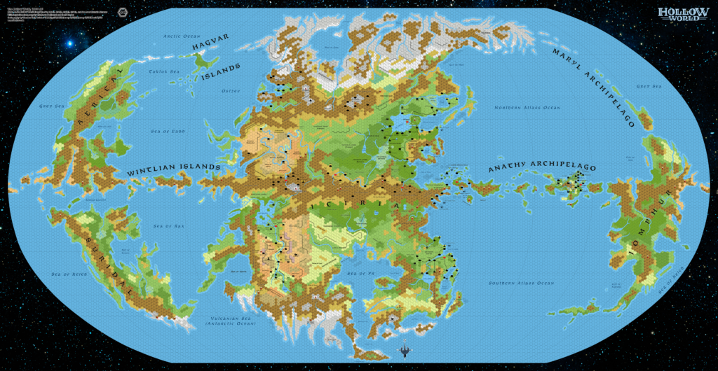 Updated map of the Hollow World, 40 miles per hex