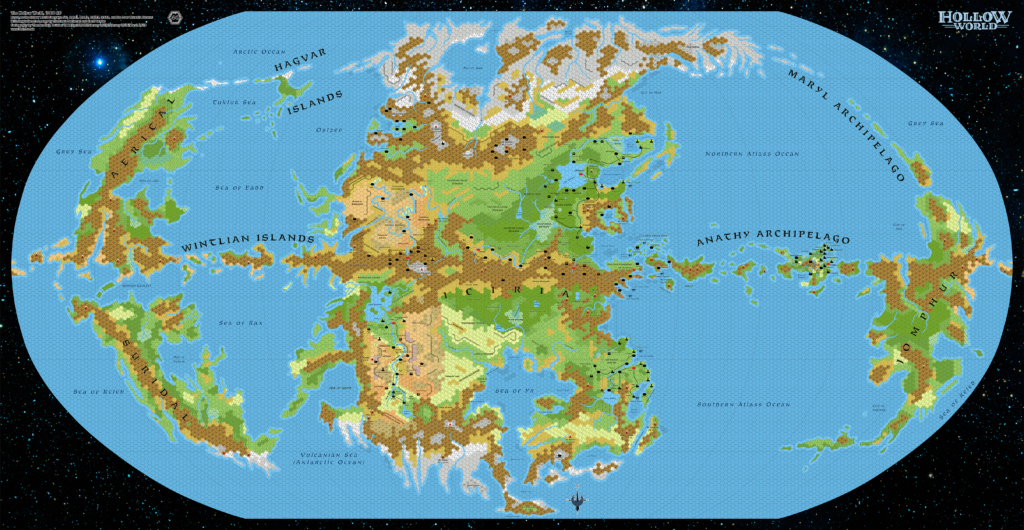 Updated map of the Hollow World, 40 miles per hex