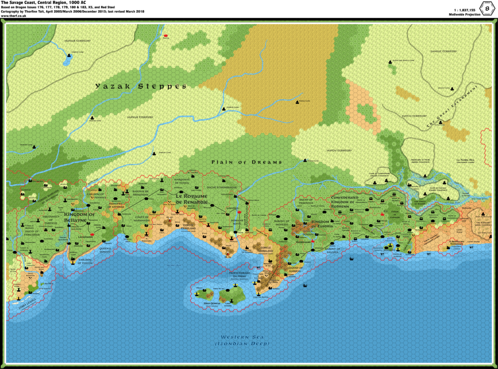Updated map of the Savage Coast Central Region, 8 miles per hex