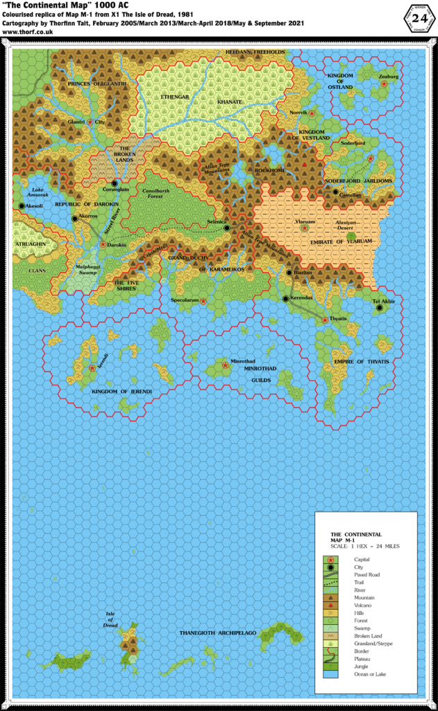 Colourised replica of X1 (1981)'s Known World map, 24 miles per hex