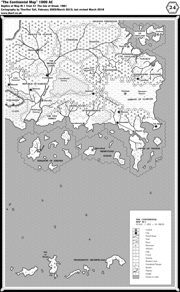 Replica of X1 (1981)'s Known World map, 24 miles per hex
