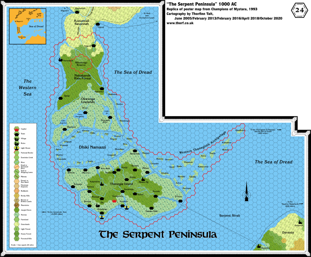 Replica of Champions of Mystara poster map of the Serpent Peninsula, 24 miles per hex