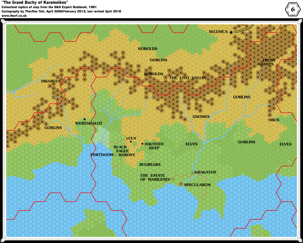 Colourised replica of the Expert Set (1981)'s Karameikos map, 6 miles per hex