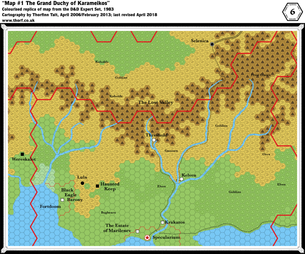 Colourised replica of the Expert Set (1983)'s Karameikos map, 6 miles per hex