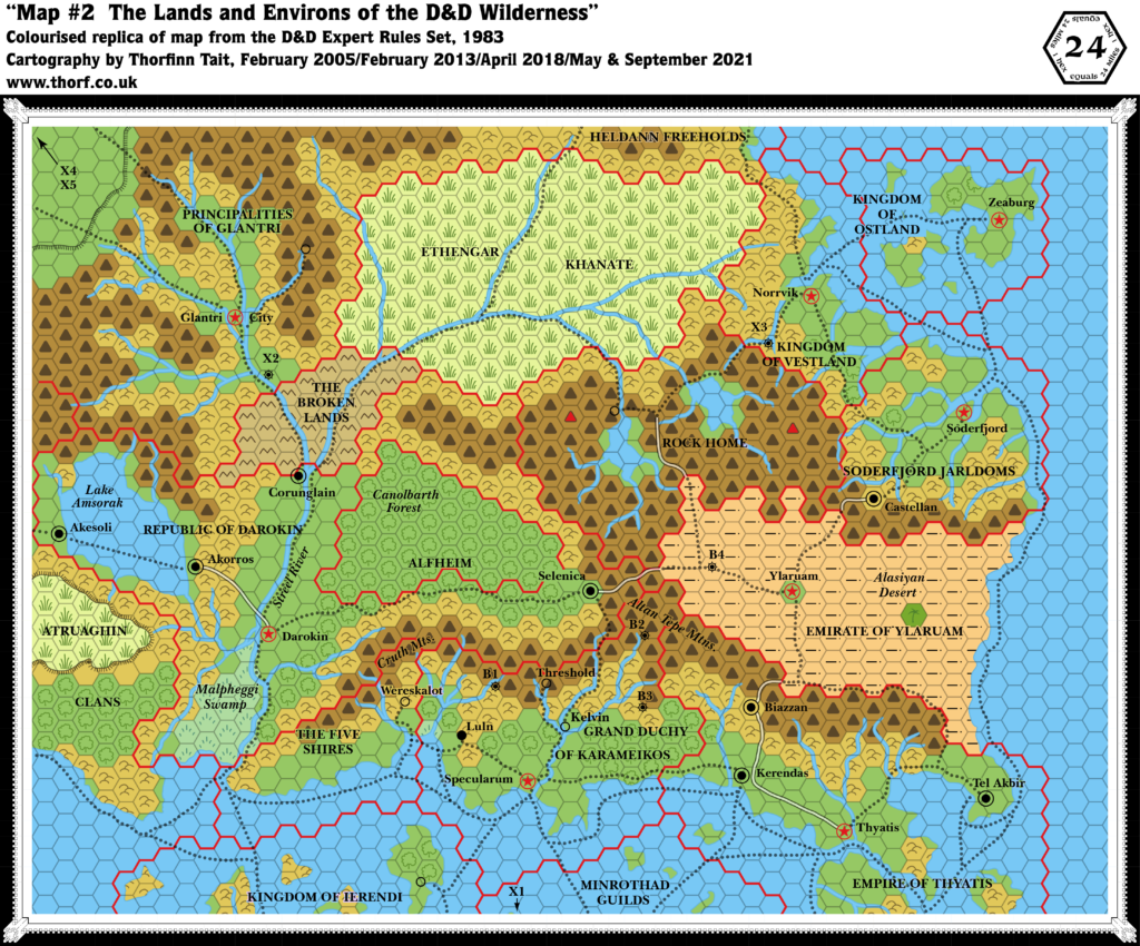 Colourised replica of the Expert Set (1983)'s Known World map, 24 miles per hex