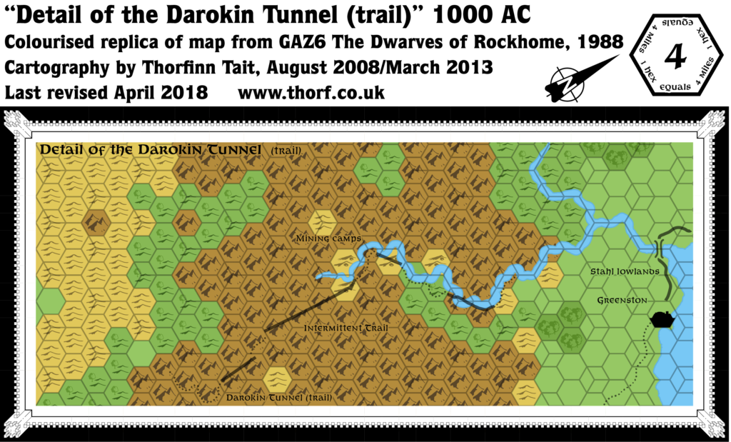 Colourised replica of GAZ6's Darokin Tunnel map, 4 miles per hex